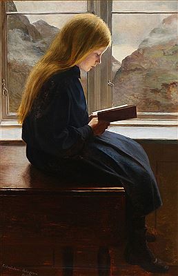 "Læsende lille pige." A little girl reading.