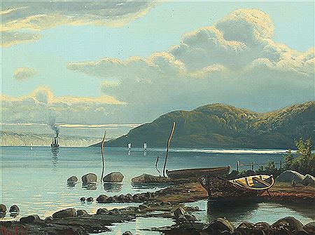 Coastal scenery from Vejle Fiord. by Gustav Holmbom - Auction record, sale price, and art valuation. Compare with similar artists and explore comparable artworks.
