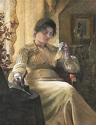 Interior with a young melancholic woman with her needlework.