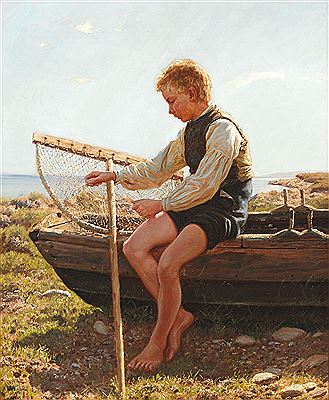 Boy repairing the net