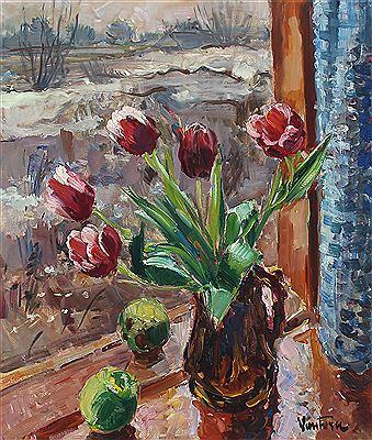 Still life with red tulips