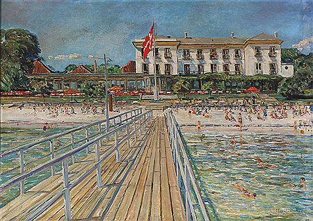 Bathers at the beach in front of Bellevue Beach Hotel, Klampenborg.