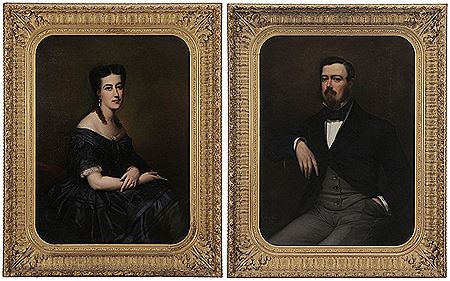 A Woman Seated, wearing a blue silk satin, lace trimmed gown; A Gentleman Seated, wearing gray pants and waistcoat by Ernest Georges Chauvier de Leon - Auction record, sale price, and art valuation. Compare with similar artists and explore comparable artworks.