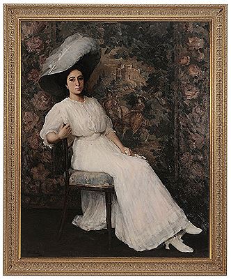 Full Portrait of a Lady Seated in White Gown Before a Tapestry