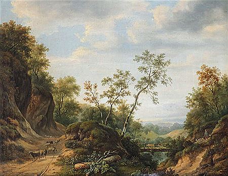 Hilly and rocky forest landscape with shepherd at bridge