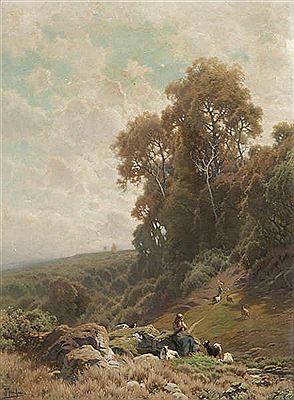 Paysage montagneux animé d'une bergère au repos