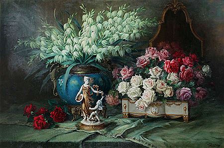 Still life with flowers, including white and red roses and porcelain group.
