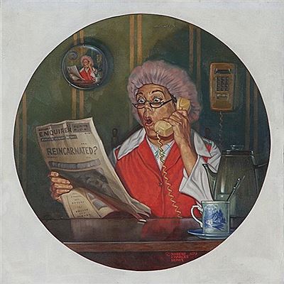 Llustration piece depicting woman on phone reading National Enquirer