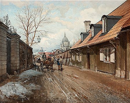 Stigbergsgatan med Katarina kyrka" (Street scene with Katarina Church in the background). by Victor Forssell - Auction record, sale price, and art valuation. Compare with similar artists and explore comparable artworks.