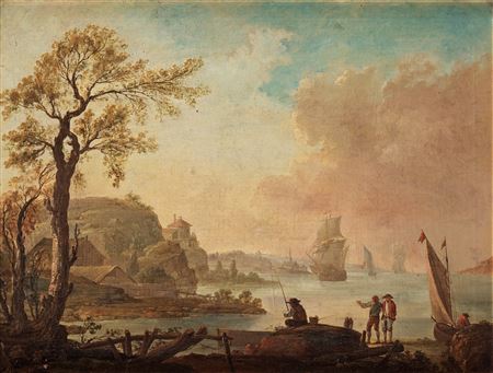 Landscape by the coasts with fischermen and boats.