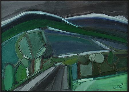 Modernist Welsh landscape with trees before hills rolling hills