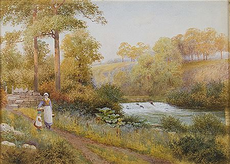 Mother and child with basket on riverside pathway in woodland