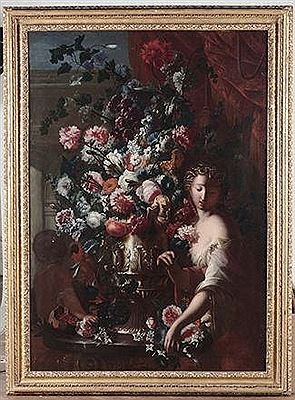 Trionfo di fiori in un vaso d’argento, una donna e un bimbo di spalle