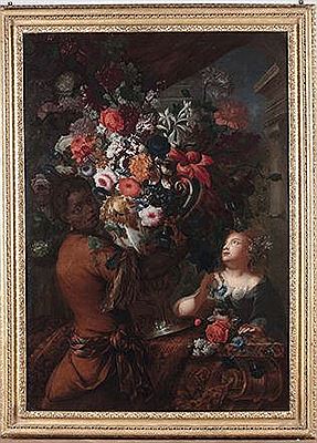 Trofeo di fiori in un vaso d’argento sorretto da un servo moro e una fanciulla