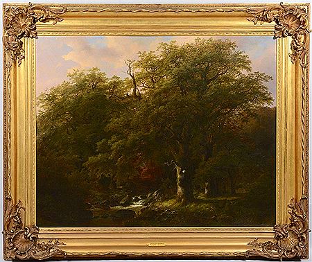 Landscape depicting a forest scene with path, stream, large tree in the foreground with one deer to the left and more deer approaching in the right distance