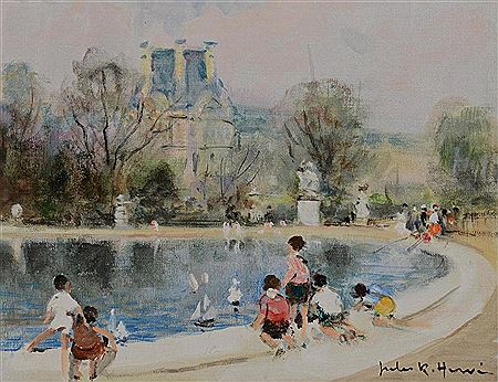 The Jardin des Tuileries in Paris with children sailing pond boats in the foreground.