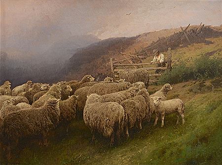 A herd of sheep with shepherd figure at the gate, with fog bank or storm cloud rolling in ominously at left.