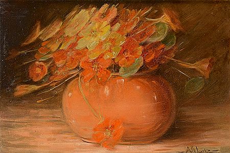 Still life painting of yellow and orange flowers in an orange-glazed round vase.
