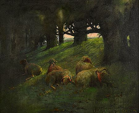Pastoral landscape depicting sheep at rest on a hillside; sunlight streaming through a grove of trees in the background.