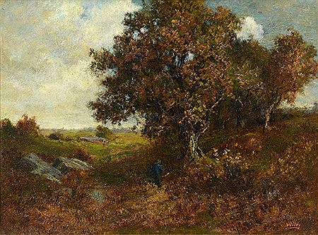 Landscape of an Autumn meadow with large tree and figure in the foreground, billowing clouds to the left sky area with a dark blue sky to the right.
