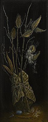 Still life with dried plant fronds and seed pods, tied together to a stick; on the ground is a feather, blue speckled egg, and scattered seed droppings