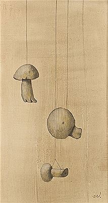 Depiction of three mushrooms, suspended from strings