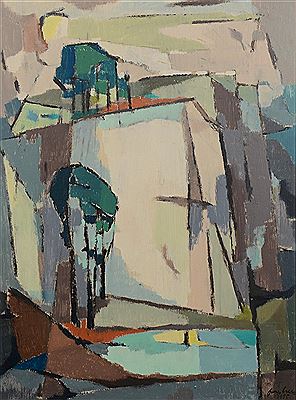 Abstract, Cubist-inspired landscape comprised of green, taupe, grey, yellow and black geometrics.