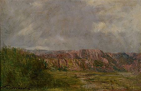 Landscape of mountainous rock formations in the background with a stream and vegetation undergrowth in the foreground by Thomas Jefferson Willison - Auction record, sale price, and art valuation. Compare with similar artists and explore comparable artworks.