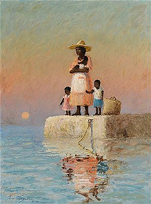 Seascape depicting a Bahamian woman with three small children, including an infant, standing on a dock waiting at sunset.