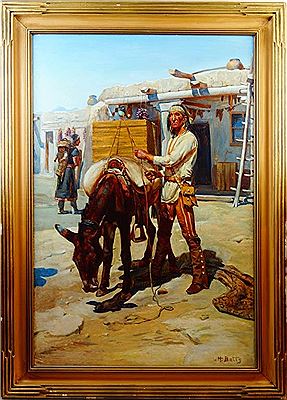 Native American handsomely posing in front of Trading Post with his pack mule