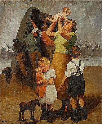 Mère et enfants et dockers au port d'Anvers