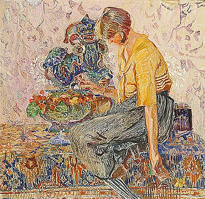 Femme faisant un bouquet dans la chambre chinoise