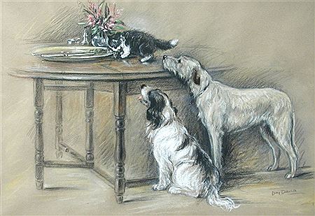 A wolfhound and a springer spaniel watching a kitten on a table