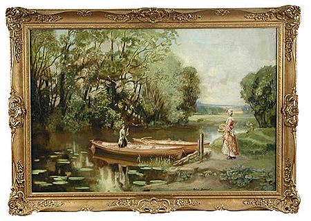 The River Ouse at Holywell, Huntingdon, with a couple punting