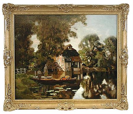 Houghton Mill, Huntingdon, with a couple punting in the foreground by John Lochhead - Auction record, sale price, and art valuation. Compare with similar artists and explore comparable artworks.
