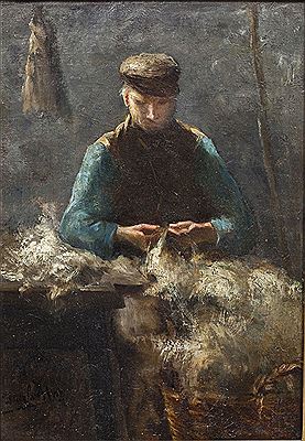Man in interior working with wool