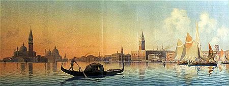 Panoramic view of Venice from the lagoon looking towards Santa Maria della Salute and St. Marks Square, with gondola to foreground