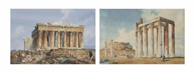 The Parthenon, Athens, with men in the foreground dressed in Oriental costumes; and The Temple of Olympian Zeus with the Acropolis in the background, Athens (2)