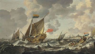 A Rowing Vessel approaching a Zeeland States Yacht firing a salute
