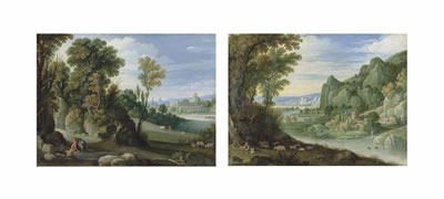 A wooded landscape with Hercules and Cacus; and A mountainous river landscape with the Prodigal Son (2)