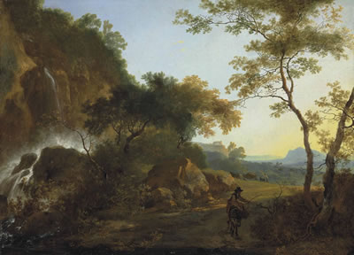 An Italianate landscape with a traveler on a path by a waterfall