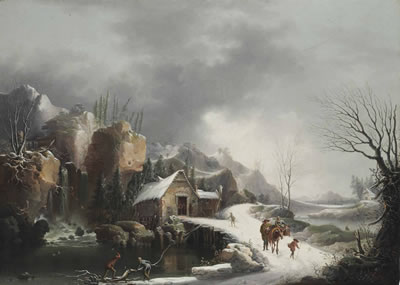 A winter landscape with travelers on a snowy path