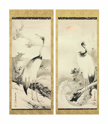 Cranes with turtle and rising sun (2) by Soga Shohaku - Auction record, sale price, and art valuation. Compare with similar artists and explore comparable artworks.