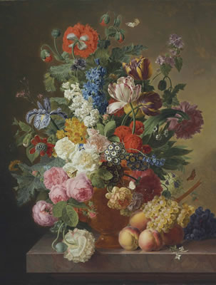 Peonies, roses, tulips, an iris and other flowers in an alabaster vase on a stone ledge with fruit by Jan Frans Van Dael - Auction record, sale price, and art valuation. Compare with similar artists and explore comparable artworks.