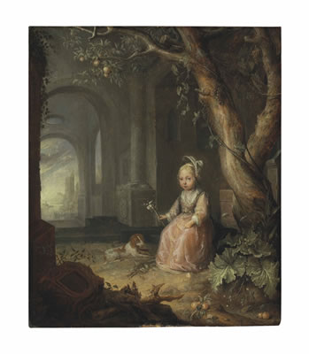 Portrait of a girl with her dog in a courtyard, a landscape with ruins beyond