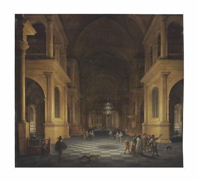 A darkened church interior with elegant figures