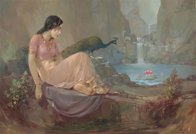 Lady with a Peacock by a Rock Pool