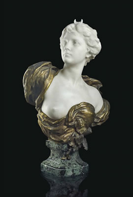 A LARGE FRENCH ORMOLU AND WHITE MARBLE BUST OF DIANA by Henri Weigele - Auction record, sale price, and art valuation. Compare with similar artists and explore comparable artworks.