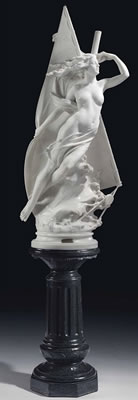 AN ITALIAN MARBLE FIGURE TITLED 'LA RAFFICA', ON PEDESTAL