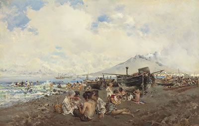 CHILDREN PLAYING CARDS ON A BEACH, THE BAY OF NAPLES AND VESUVIUS BEYOND